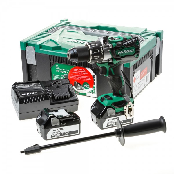 HIKOKI 18.0 Volt cordless drill driver DS18DC DS18DBL2 + 2x rechargeable batteries 5.0 Ah BSL1850 in HSC II 136 Nm