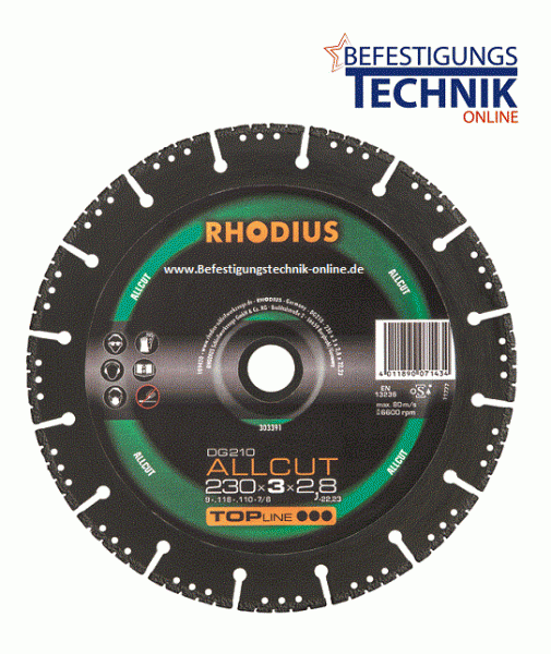 Rhodius DG210 Diamanttrennscheibe ALLCUT Allrounder extrem hohe Standzeit 230 x 3,0 x 2,8 x 22.23