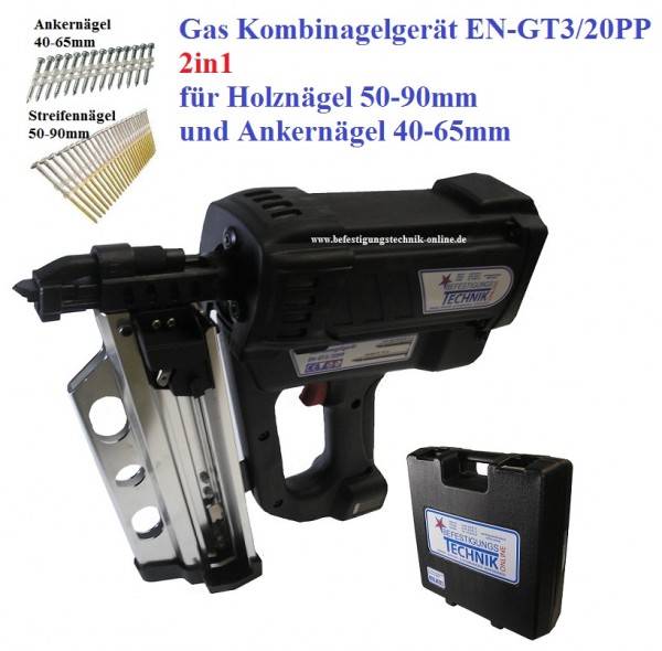 Gas Ankernagler Streifennagler Kombi 2in1 EN-GT3/20PP (40-65mm)+(50-90 mm) 20°